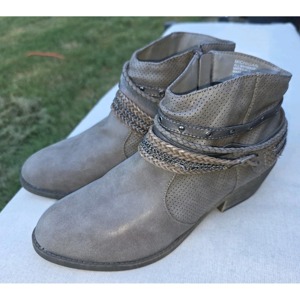 JellyPop Strappy Ankle Booties Women Sz 10 Brown Leather Almond Toe Side Zip